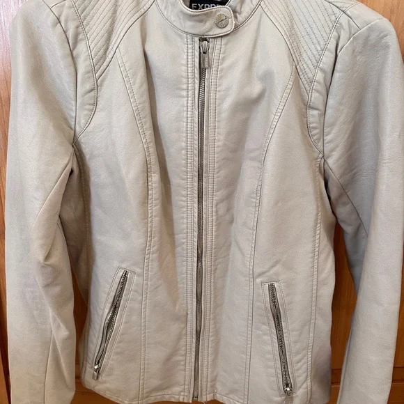Express Slim Fit Cream Faux Leather Jacket with Snap Collar - Picture 4 of 8